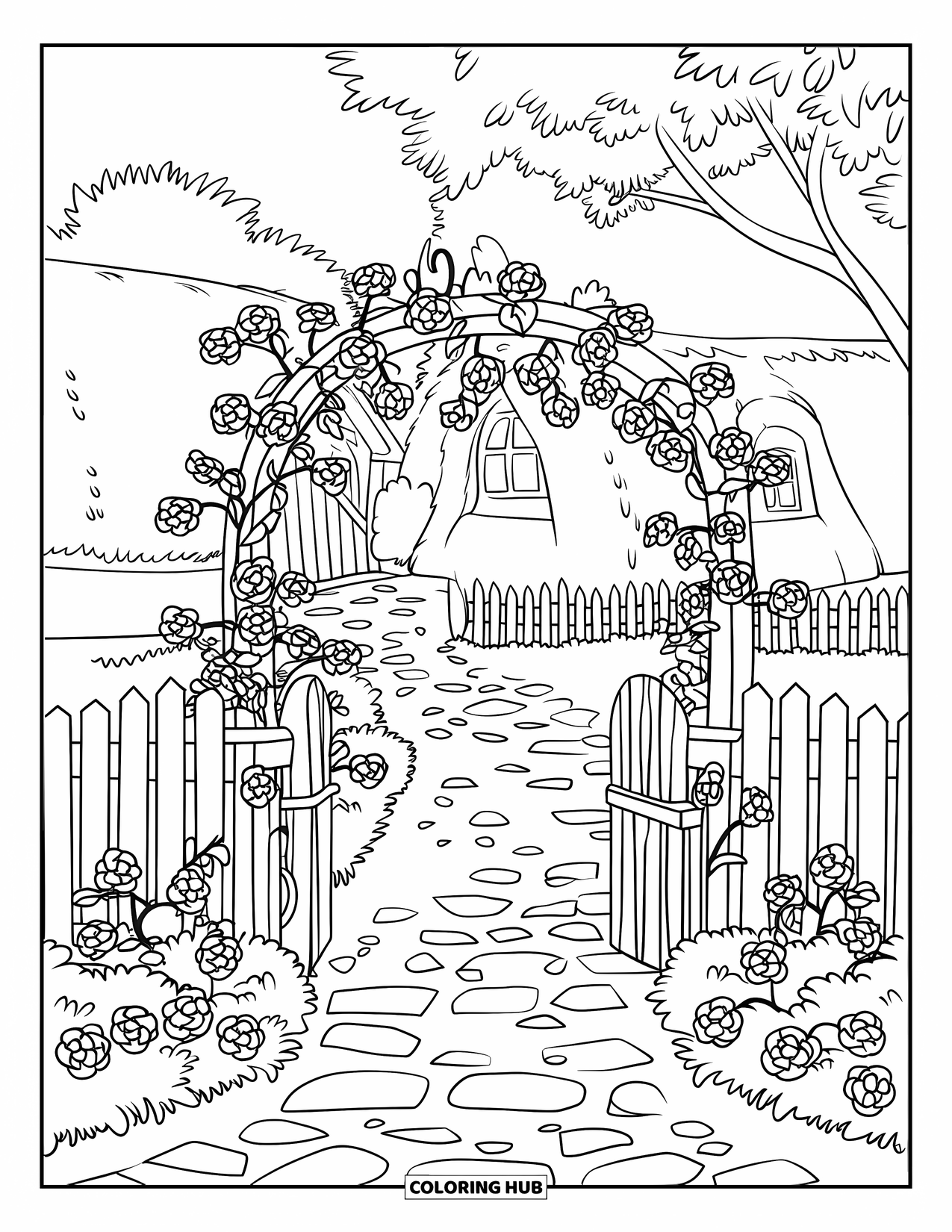 Desenho de primavera para colorir para crianças: Um caminho de jardim de casa de campo dos sonhos, alinhado com rosas florescendo e um pequeno portão de madeira