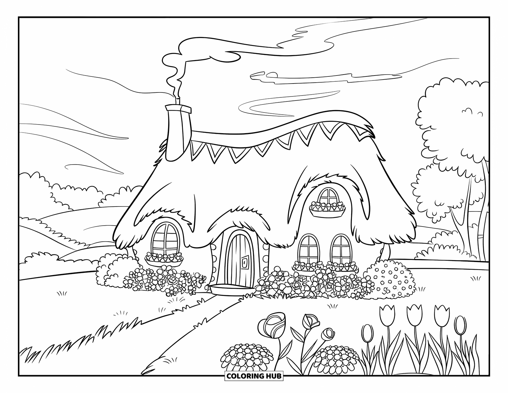 Desenho de primavera para colorir para crianças: Uma casa de campo de conto de fadas com um exuberante jardim de flores e fumaça saindo da chaminé