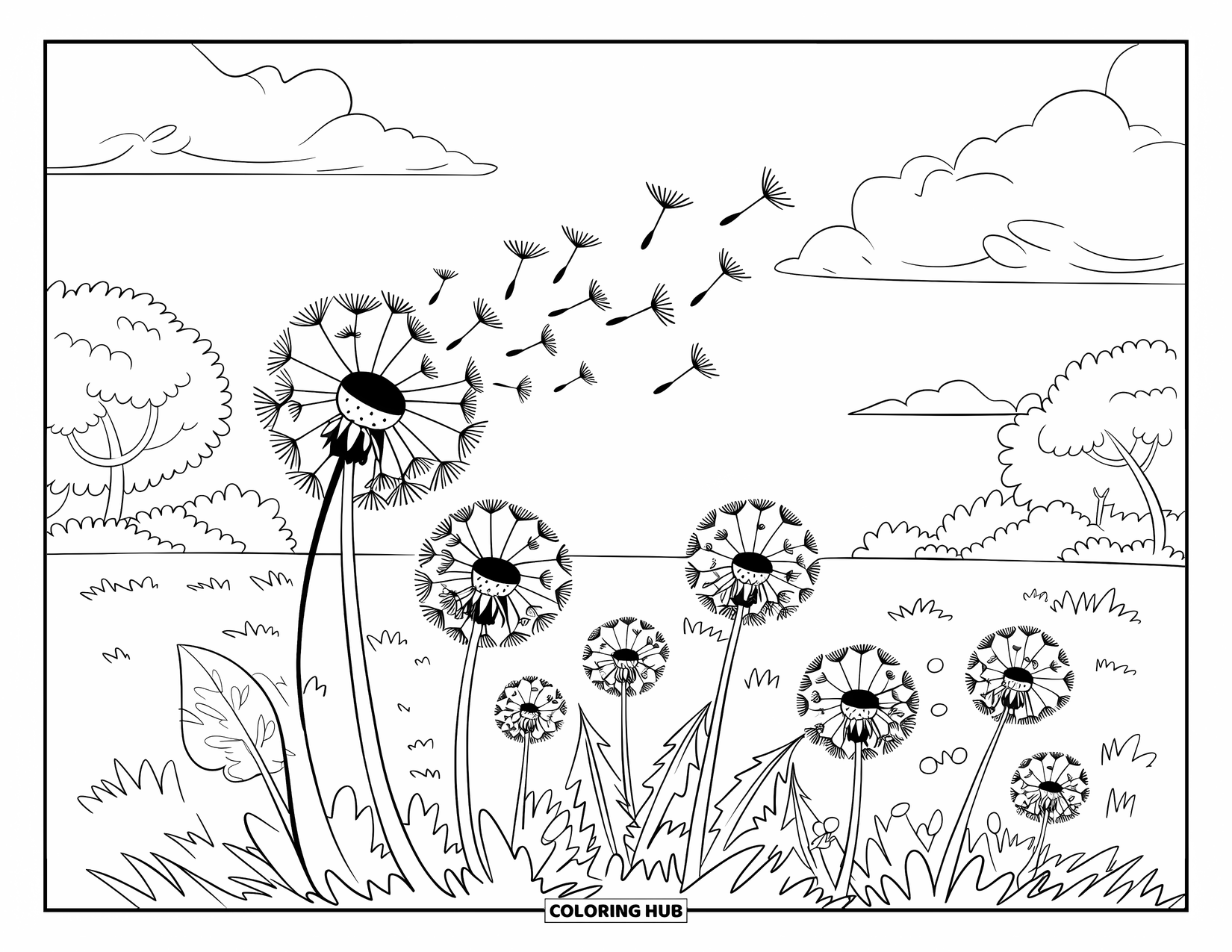 Desenho de primavera para colorir para crianças: Um campo de dentes-de-leão balança enquanto suas sementes flutuam no ar