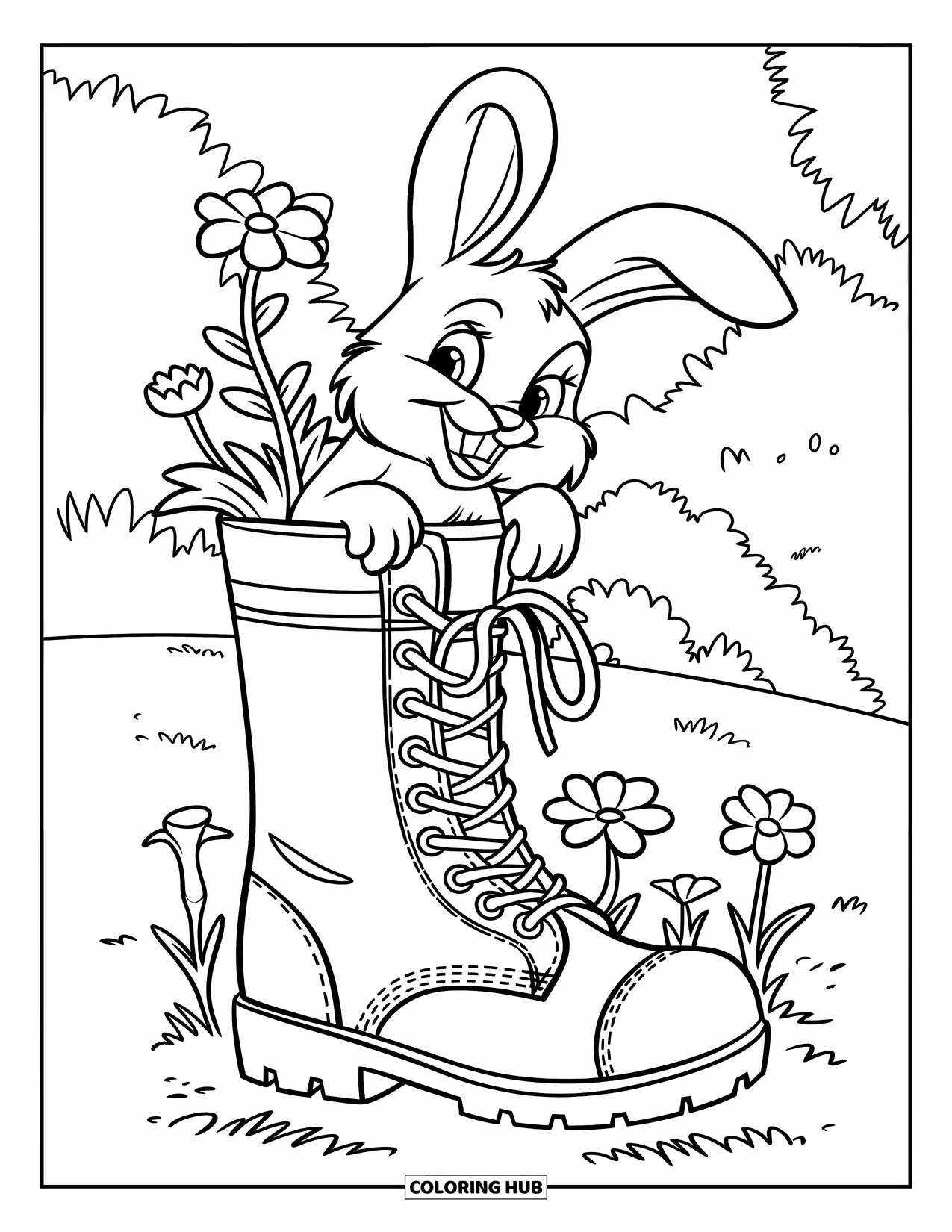 Desenho de primavera para colorir para crianças: Um coelho fofo espreita para fora de uma bota alta cheia de flores