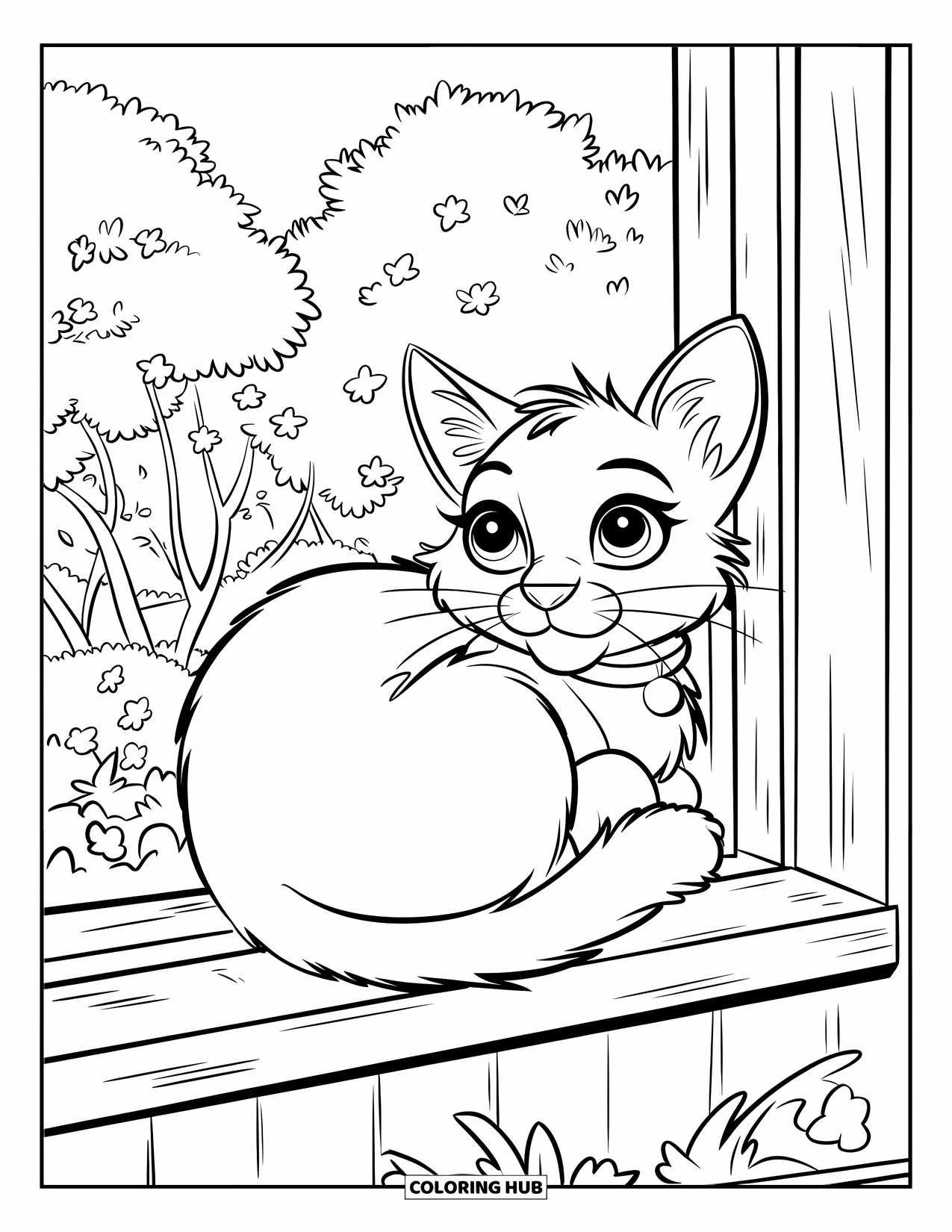 Desenho de primavera para colorir para crianças: Um gato fofo enrola-se em um parapeito de janela, olhando para árvores florescendo do lado de fora