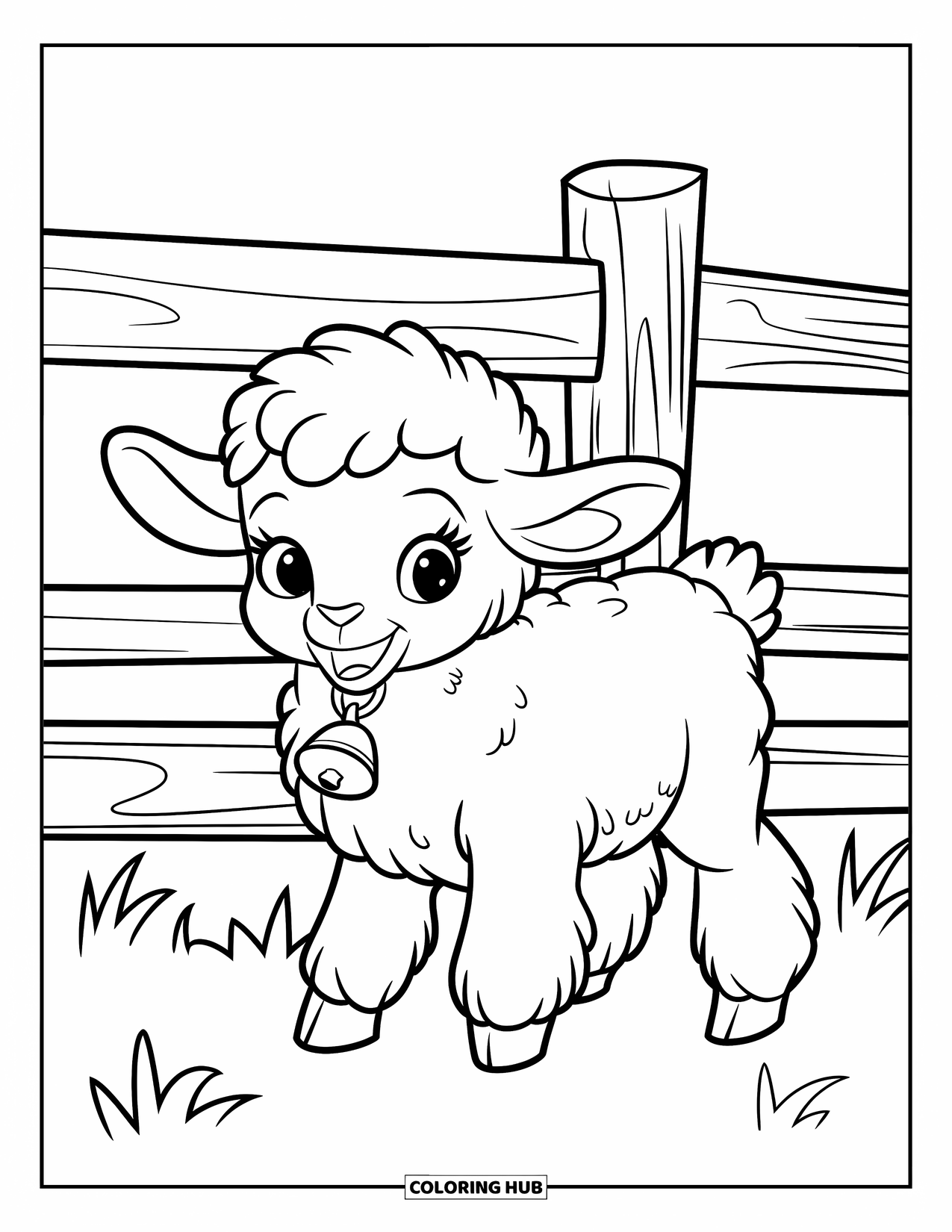 Desenho de primavera para colorir para crianças: Um cordeiro fofo com um pequeno sino fica perto de uma cerca de fazenda de madeira