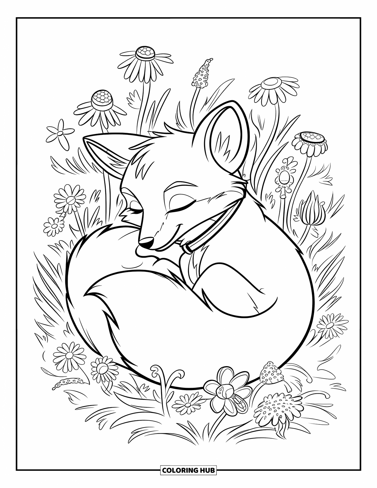 Desenho de primavera para colorir para crianças: Uma raposa enrola-se entre flores silvestres, descansando pacificamente sob a luz quente do sol