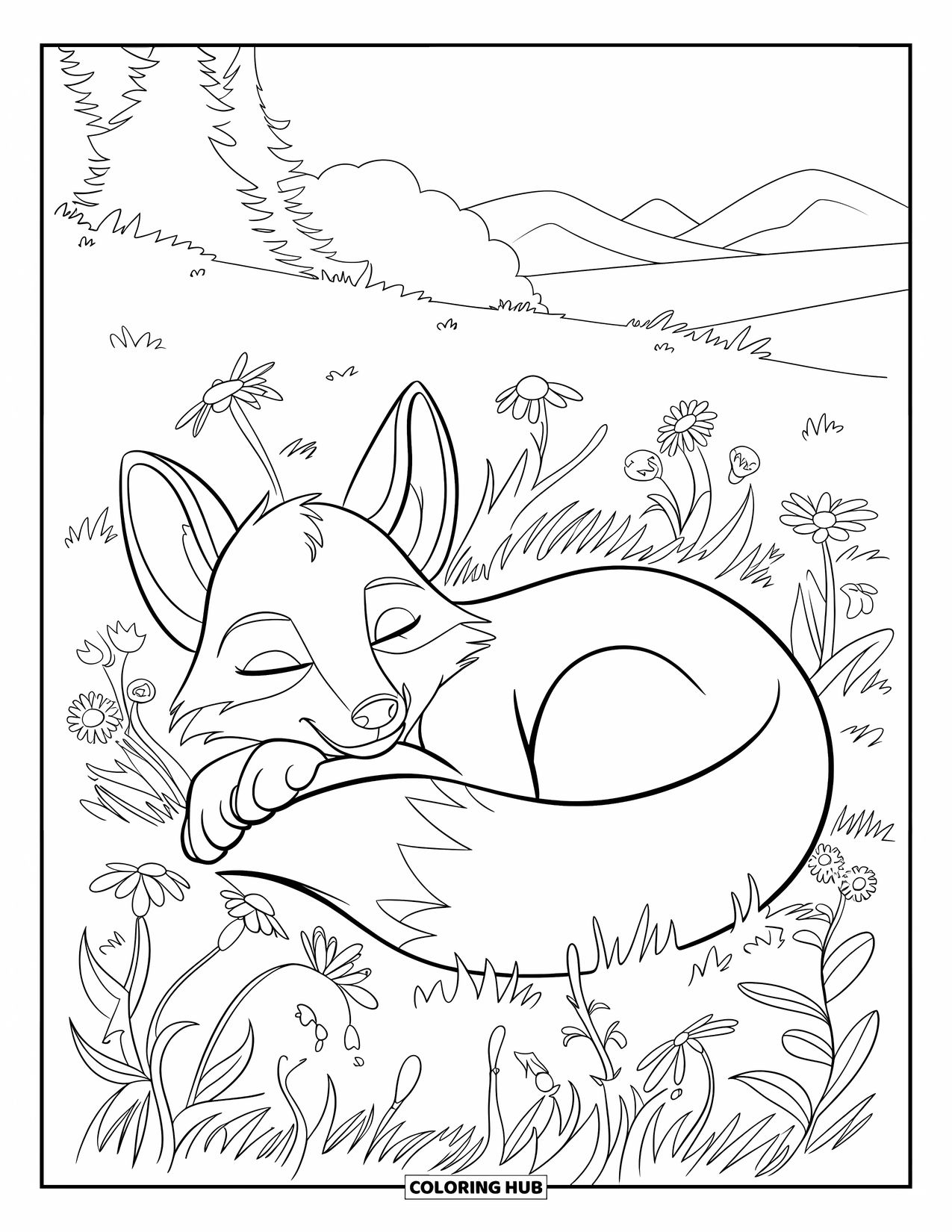 Desenho de primavera para colorir para crianças: Uma raposa de olhos fechados descansa em um prado de flores silvestres desabrochando
