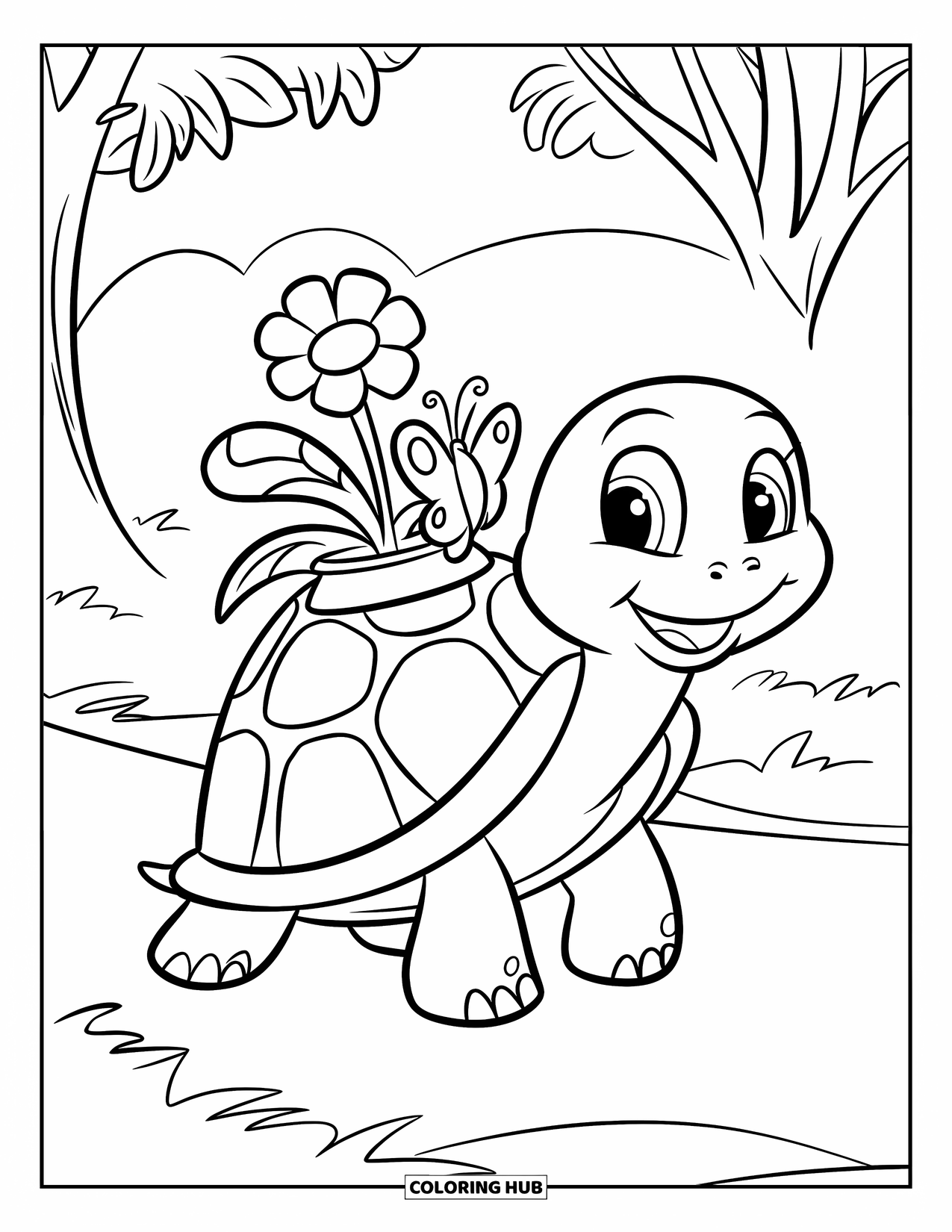 Desenho de primavera para colorir para crianças: Uma tartaruga amigável carrega um pequeno vaso de flores enquanto caminha pelo parque