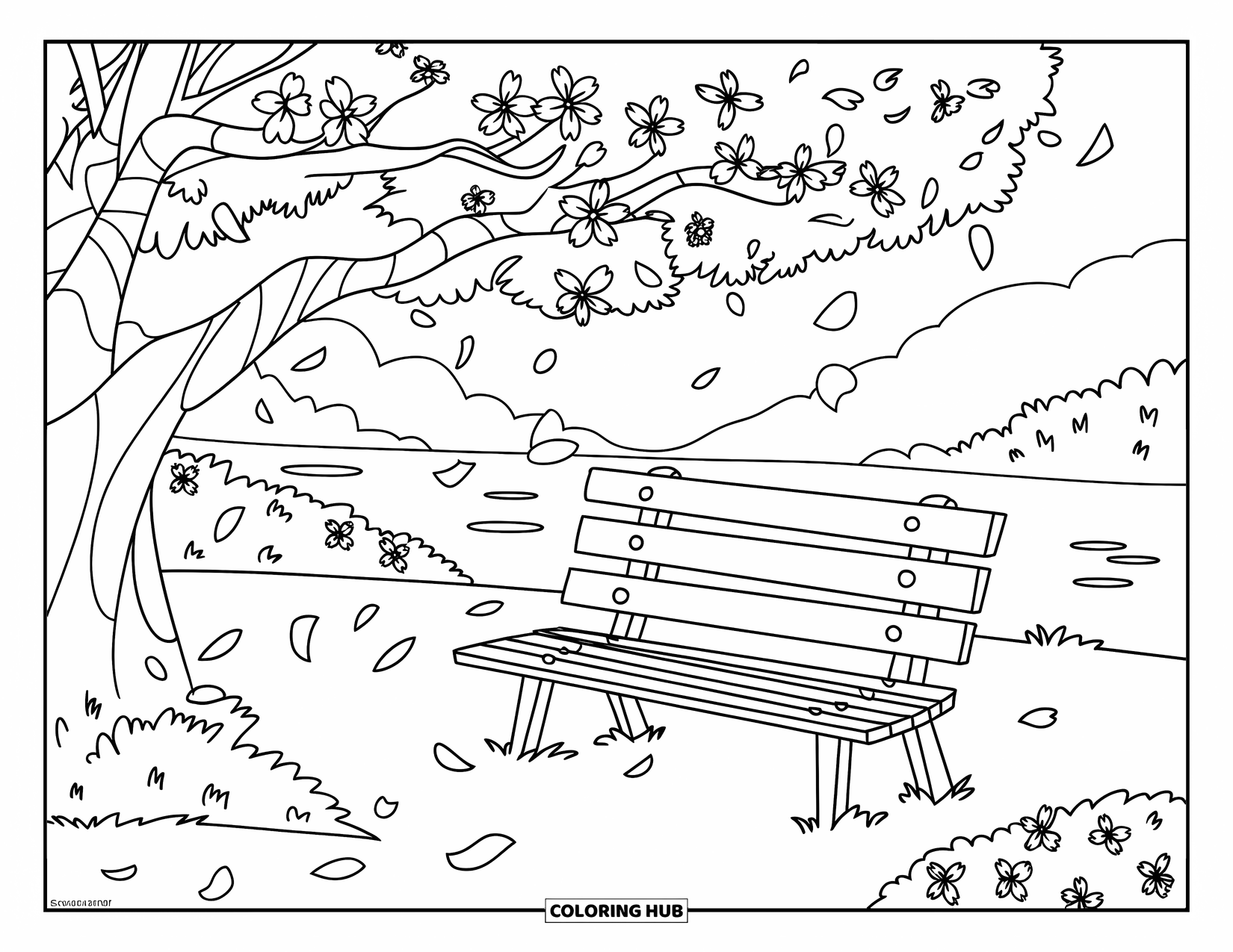 Desenho de primavera para colorir para crianças: Um banco de jardim sob uma cerejeira em flor, com pétalas flutuando na brisa