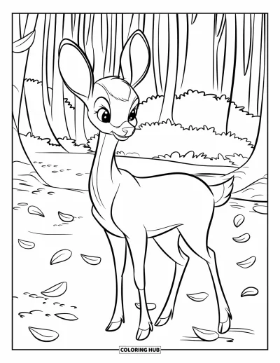 Spring Coloring Page for Kids: A gentle deer stands in a sunlit clearing, surrounded by floating flower petals