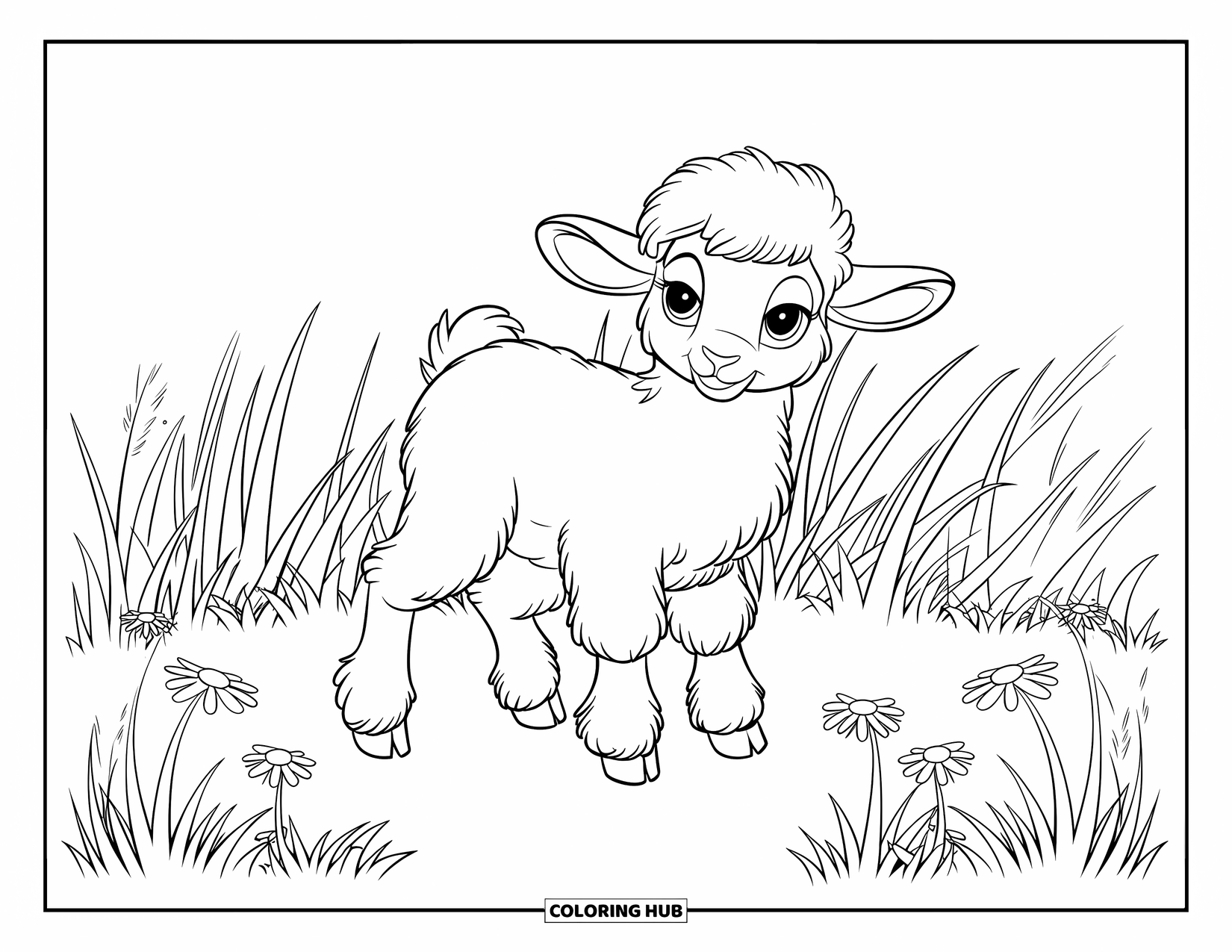 Desenho de primavera para colorir para crianças: Um cordeiro gentil com lã macia fica em um campo gramado salpicado de flores silvestres