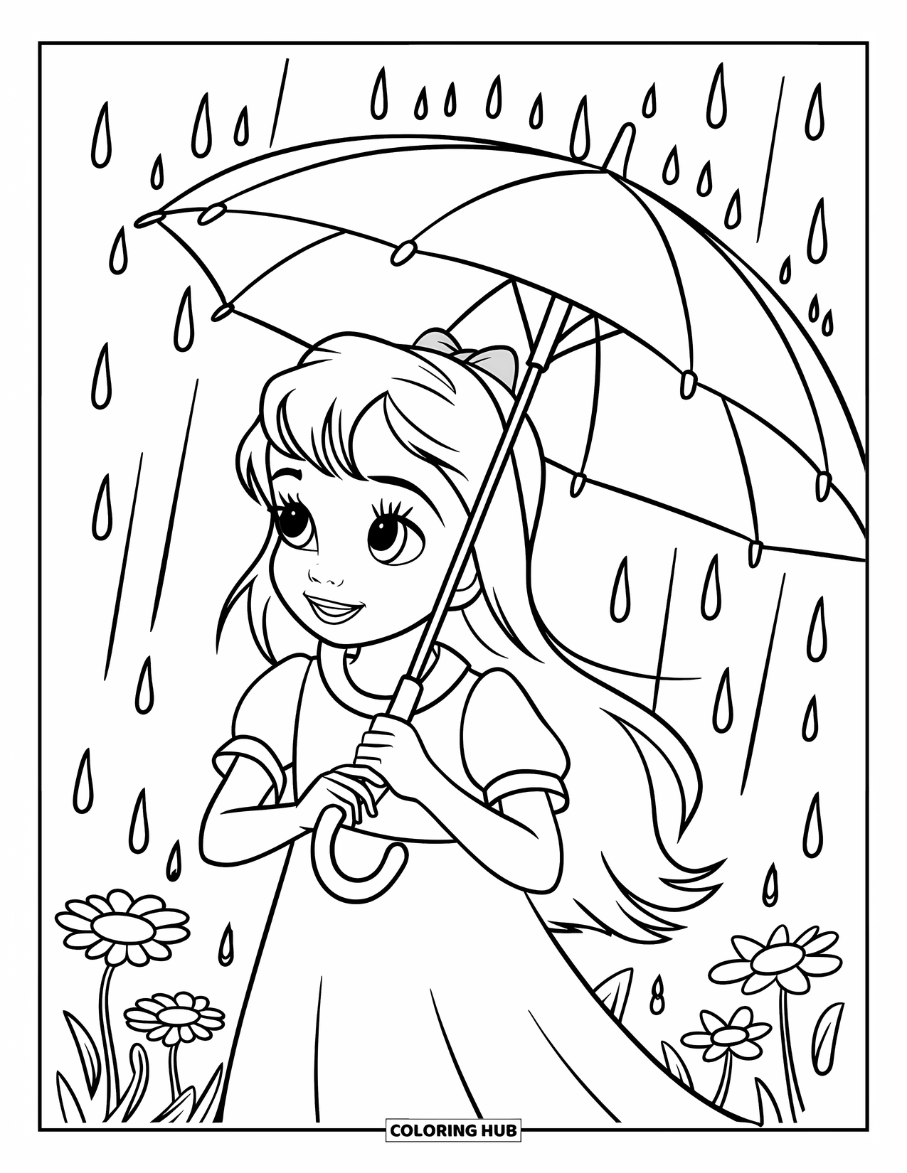 Desenho de primavera para colorir para crianças: Uma menina aproveita uma leve garoa de primavera, com seu guarda-chuva mantendo-a seca