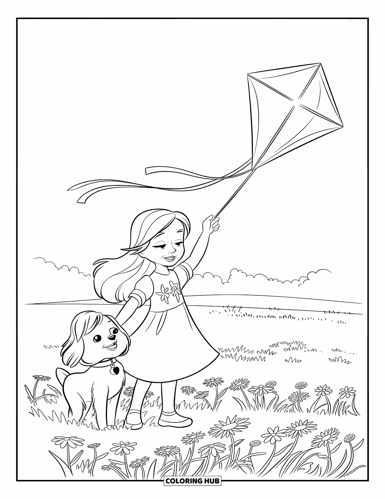 Desenho de primavera para colorir para crianças: Uma menina ri enquanto empina uma pipa com seu cachorro em um vasto campo aberto