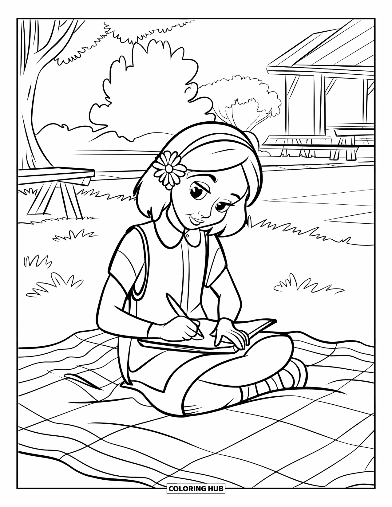 Desenho de primavera para colorir para crianças: Uma menina desenha pacificamente em uma manta de piquenique cercada por árvores e grama macia