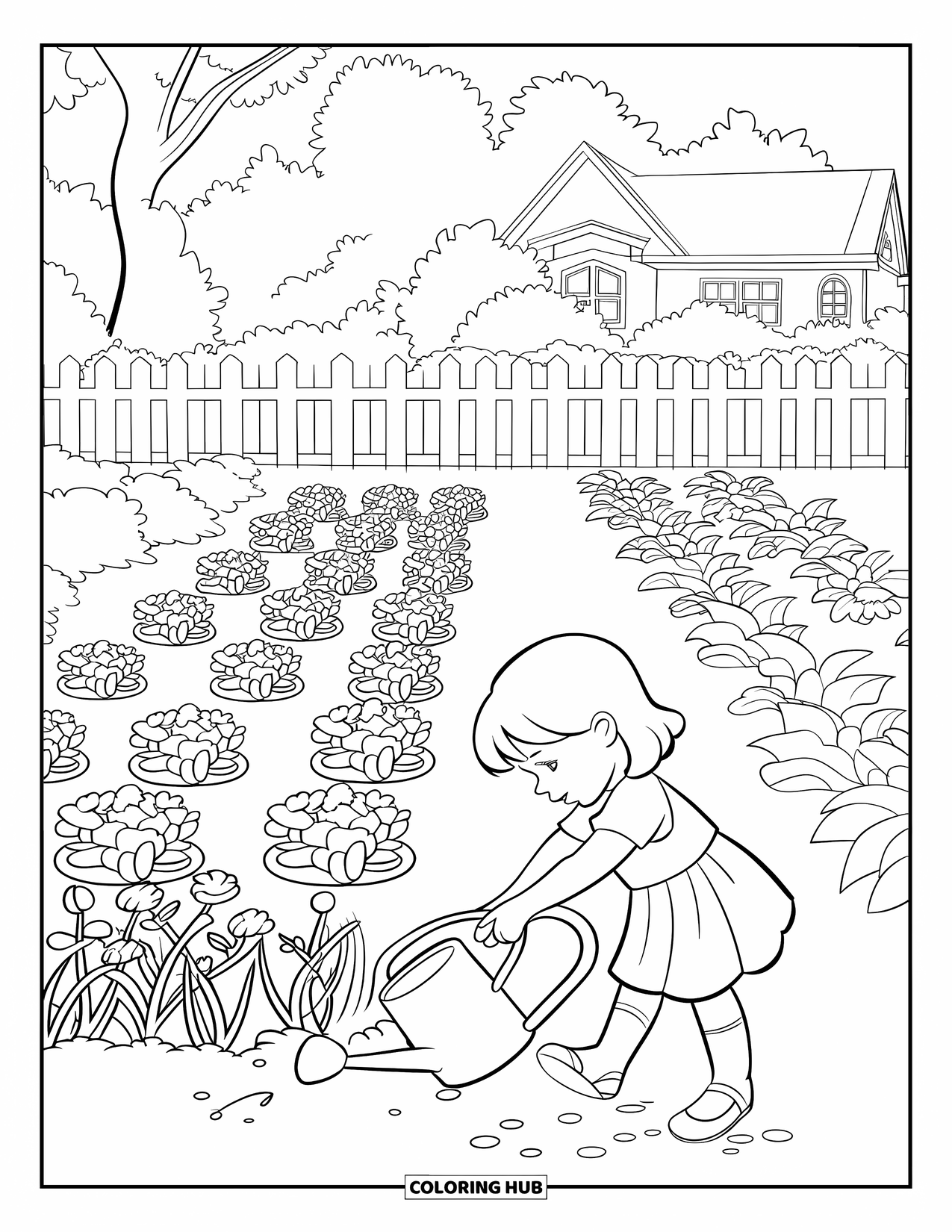Desenho de primavera para colorir para crianças: Uma menina planta sementes em um jardim ensolarado cheio de flores e uma cerca branca