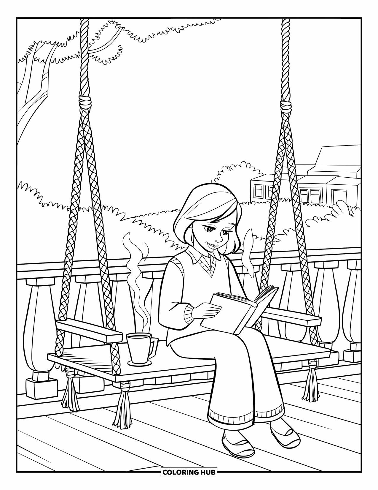 Desenho de primavera para colorir para crianças: Uma menina lê em um balanço de macramê aconchegante com uma xícara de chá quente ao lado dela