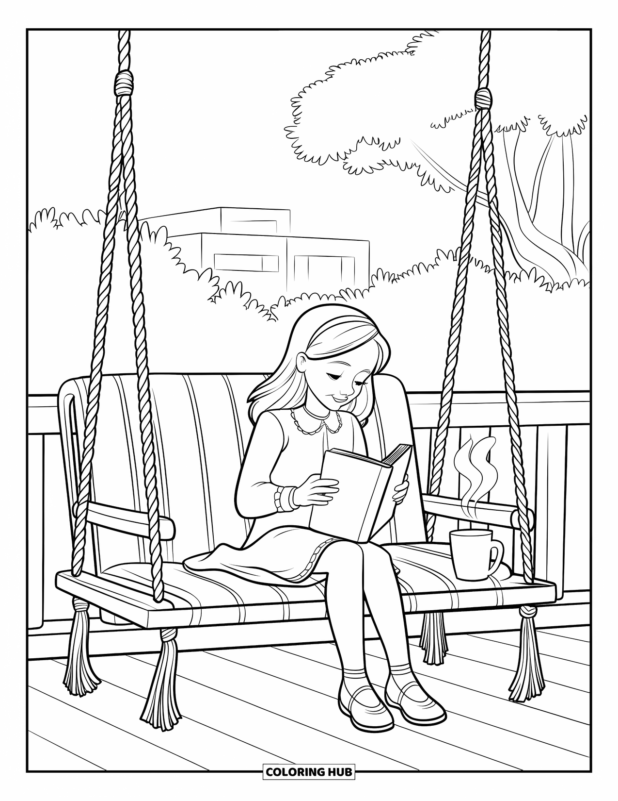 Desenho de primavera para colorir para crianças: Uma menina relaxa em um balanço de varanda, lendo um livro com chá por perto
