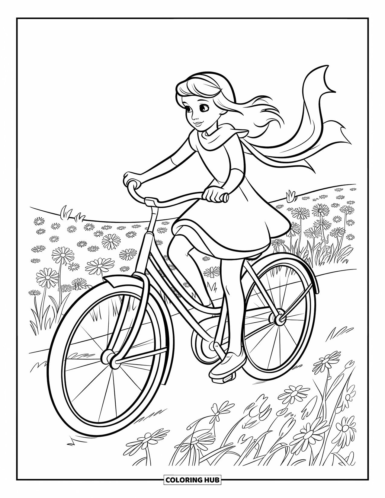 Desenho de primavera para colorir para crianças: Uma menina anda de bicicleta vintage por um campo de flores silvestres, com seu lenço esvoaçando ao vento