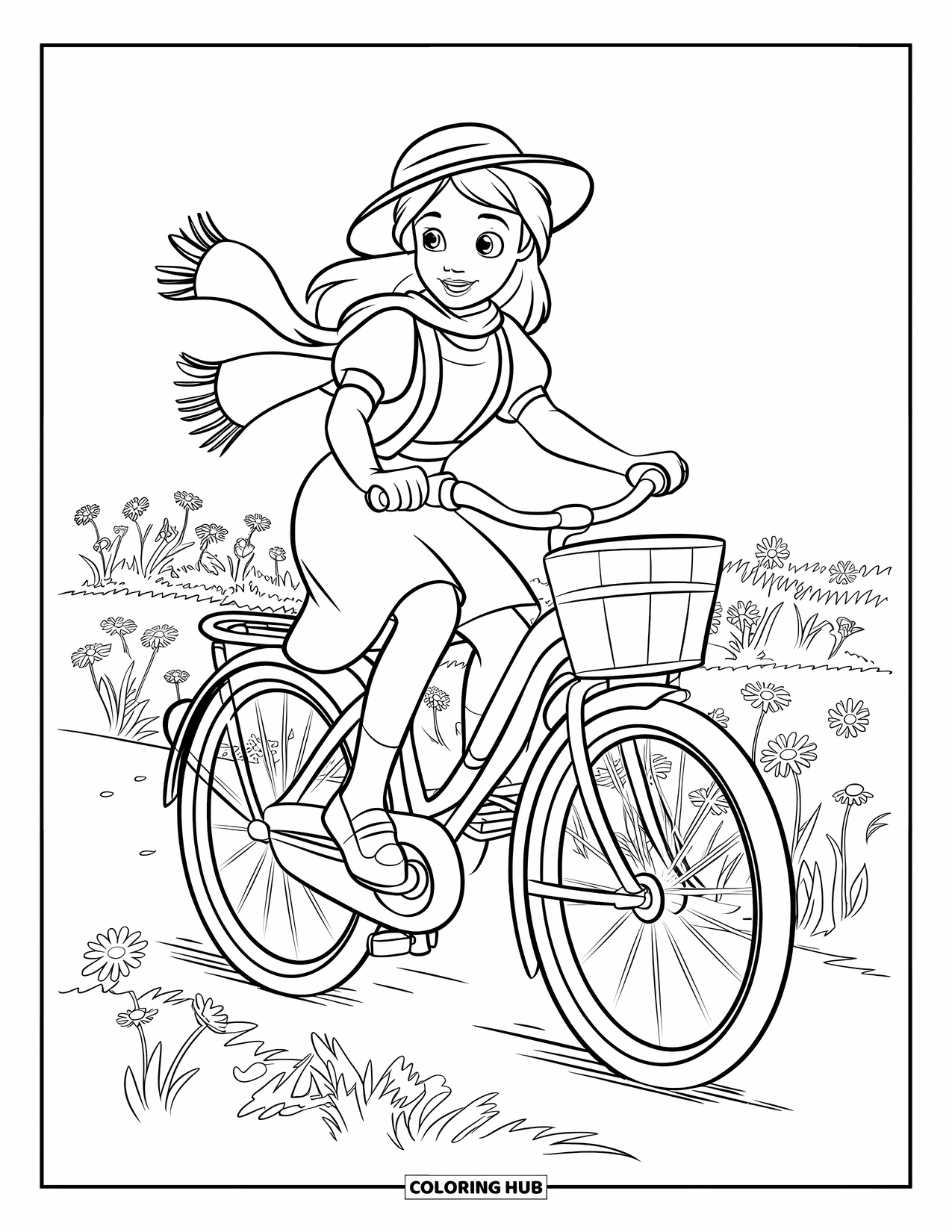 Desenho de primavera para colorir para crianças: Uma menina anda de bicicleta vintage por um campo de flores silvestres, com seu lenço esvoaçando ao vento