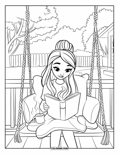 Spring Coloring Page for Kids: A girl sits on a porch swing, reading while sipping tea in a peaceful setting