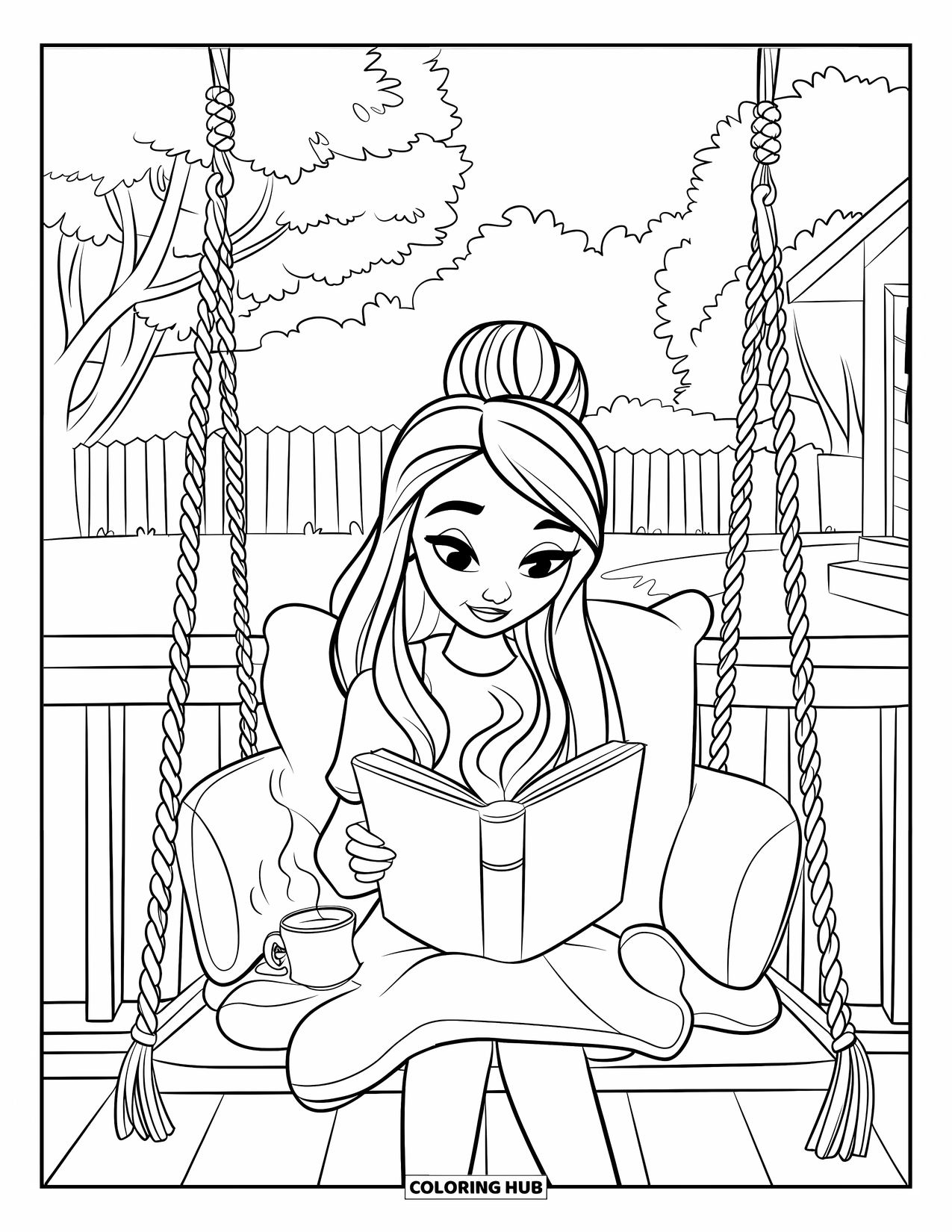 Desenho de primavera para colorir para crianças: Uma menina senta-se em um balanço de varanda, lendo enquanto toma chá em um ambiente tranquilo