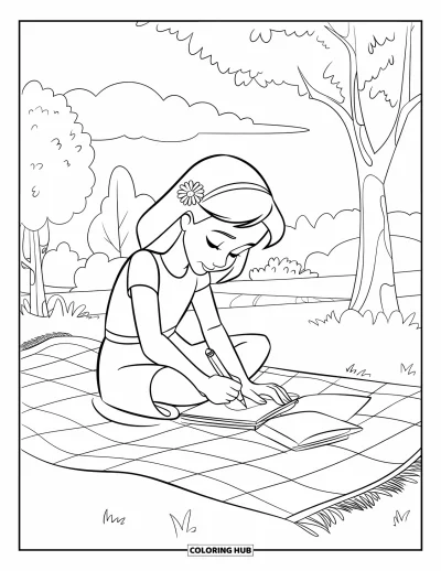 Spring Coloring Page for Kids: A girl with a flower in her hair sketches on a picnic blanket under a shady tree