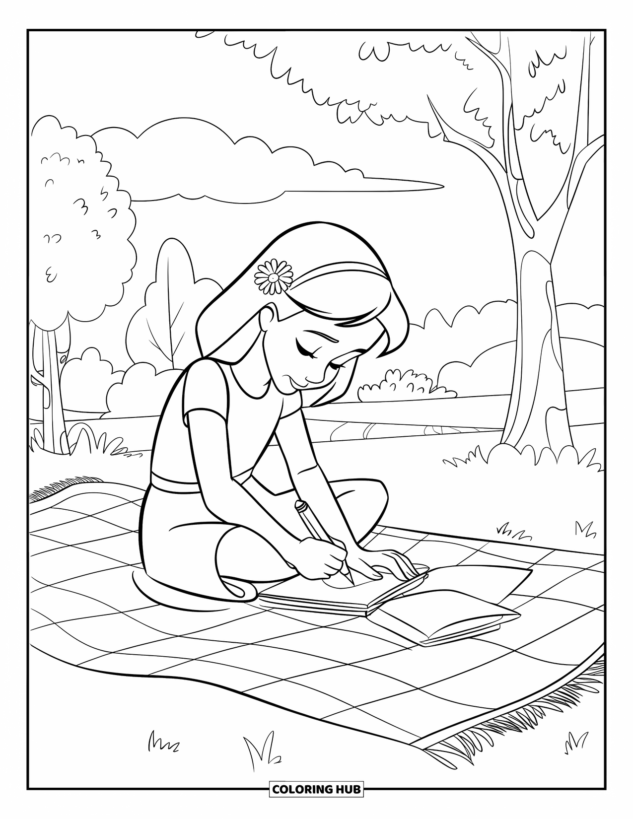 Desenho de primavera para colorir para crianças: Uma menina com uma flor no cabelo faz esboços em uma manta de piquenique sob uma árvore sombreada