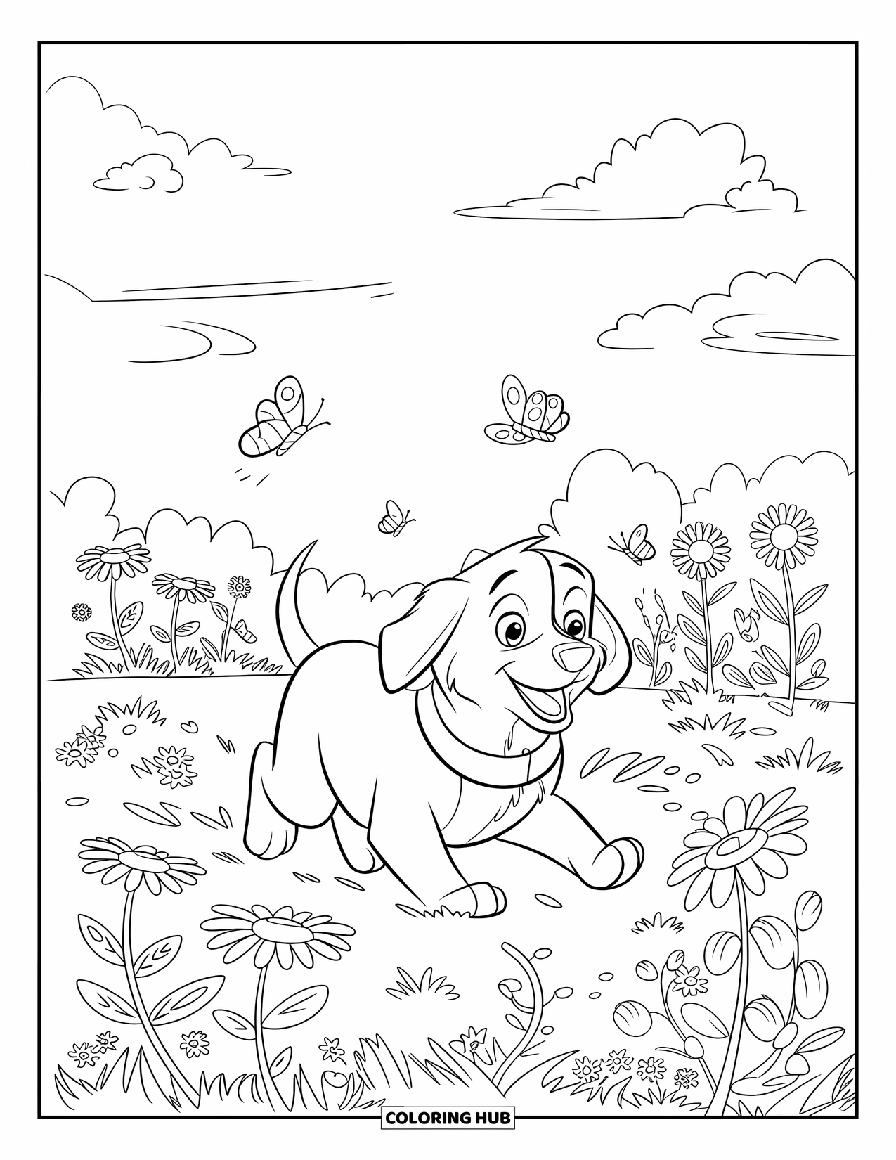 Desenho de primavera para colorir para crianças: Um filhote de golden retriever brinca alegremente entre borboletas e flores silvestres