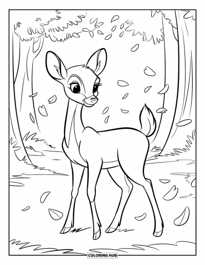 Spring Coloring Page for Kids: A graceful deer stands in a clearing, surrounded by falling petals and tall trees