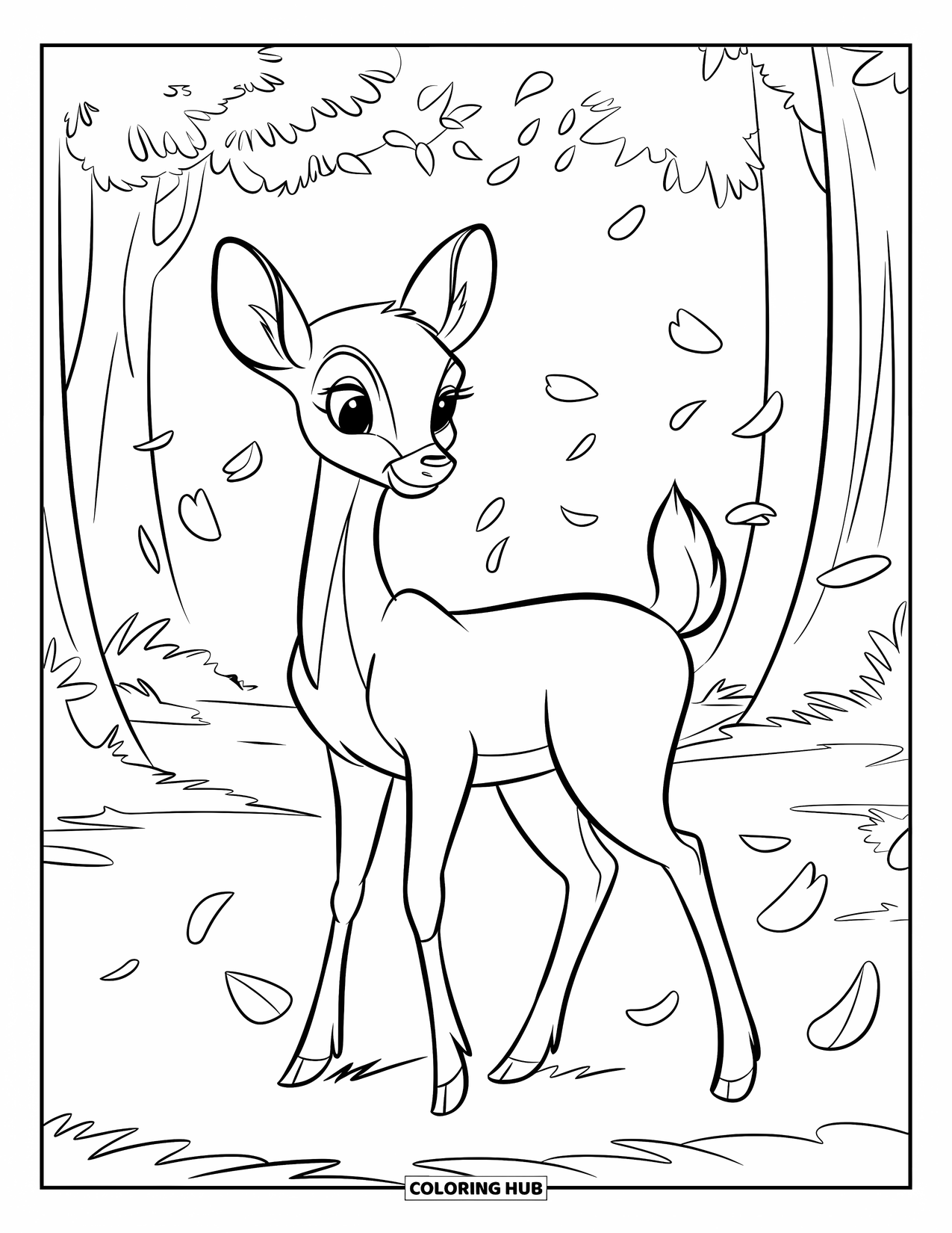 Desenho de primavera para colorir para crianças: Um veado gracioso fica em uma clareira, cercado por pétalas caindo e árvores altas