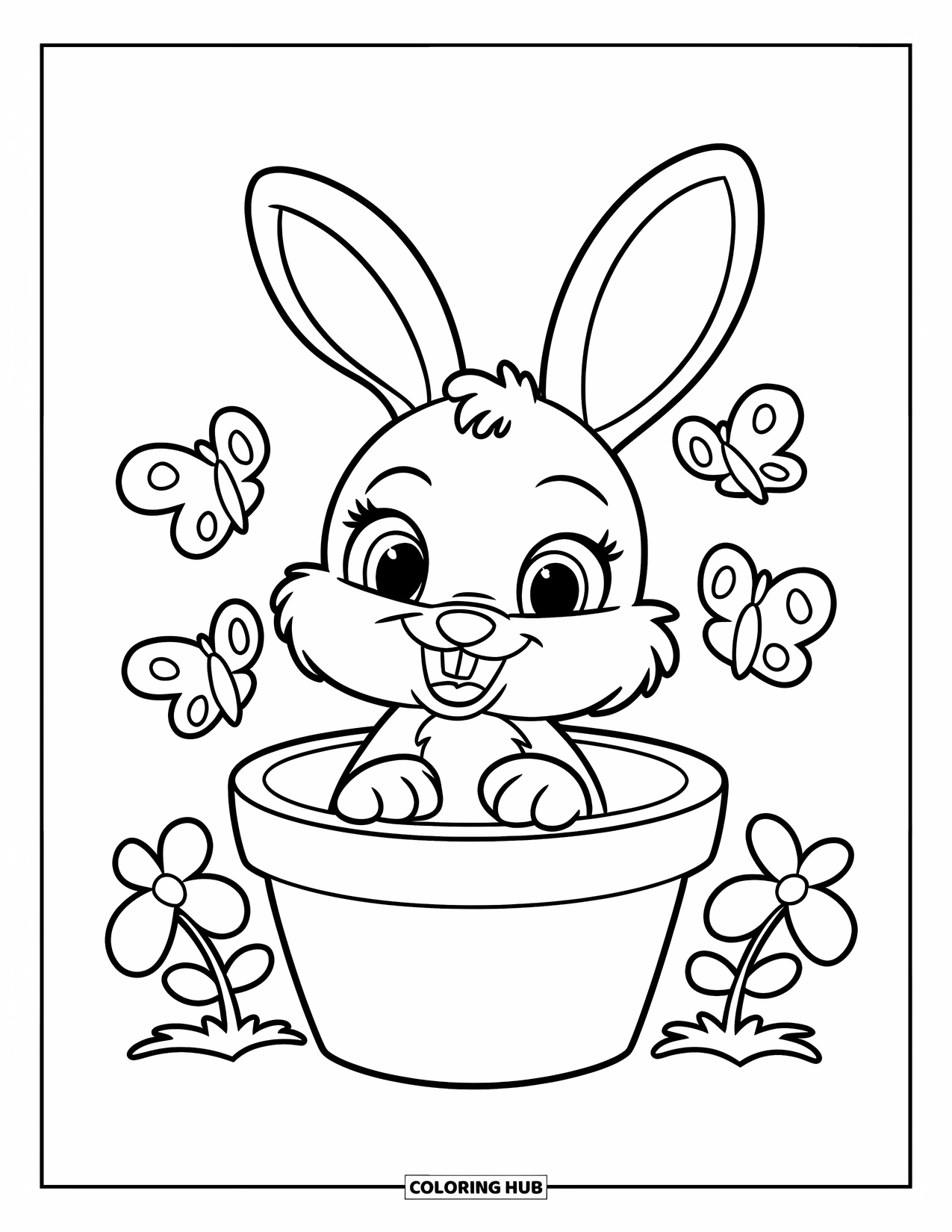 Desenho de primavera para colorir para crianças: Um coelho feliz espreita para fora de um vaso de flores, com borboletas voando por perto