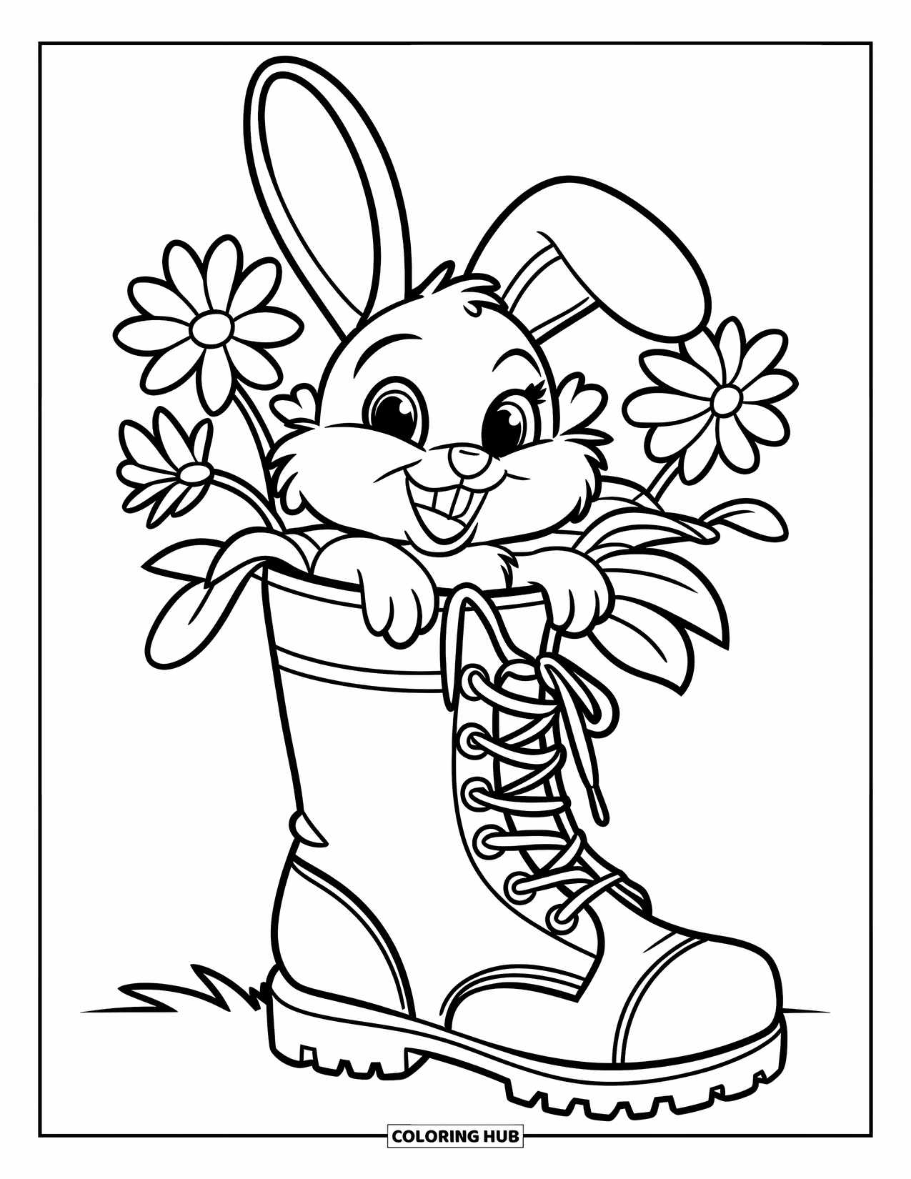 Desenho de primavera para colorir para crianças: Um coelho feliz senta-se dentro de uma bota, aninhado entre flores