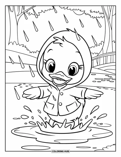Spring Coloring Page for Kids: A happy duckling splashes in a puddle as raindrops fall around it