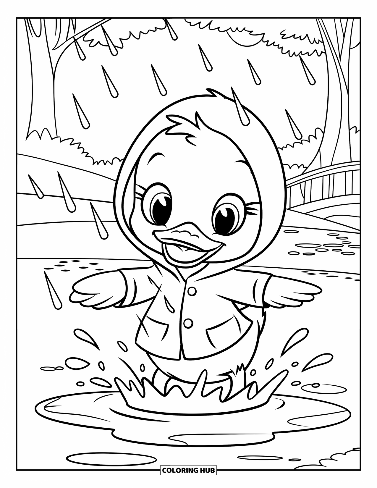 Desenho de primavera para colorir para crianças: Um patinho feliz salpica em uma poça enquanto gotas de chuva caem ao seu redor