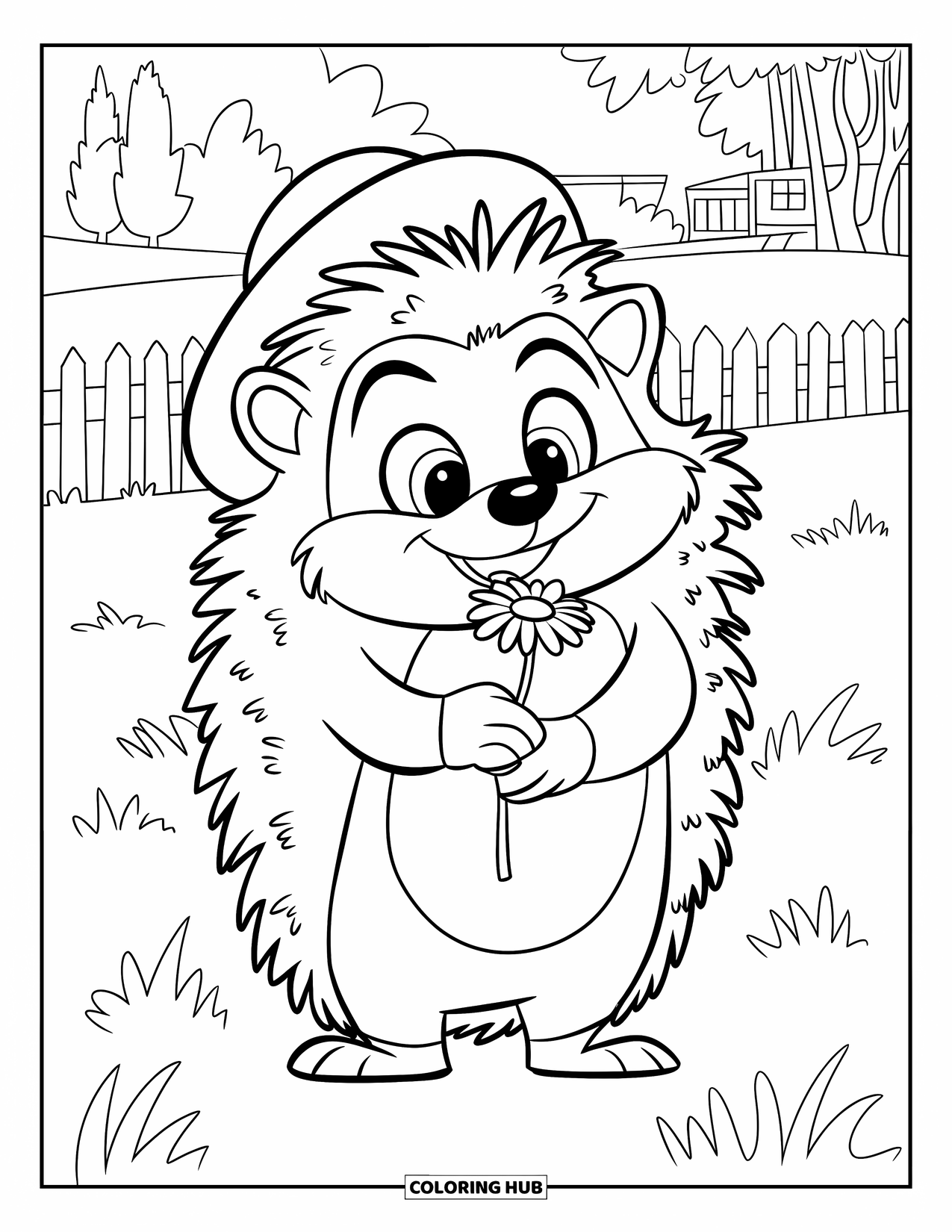 Desenho de primavera para colorir para crianças: Um ouriço feliz segura uma margarida, sorrindo em um prado tranquilo