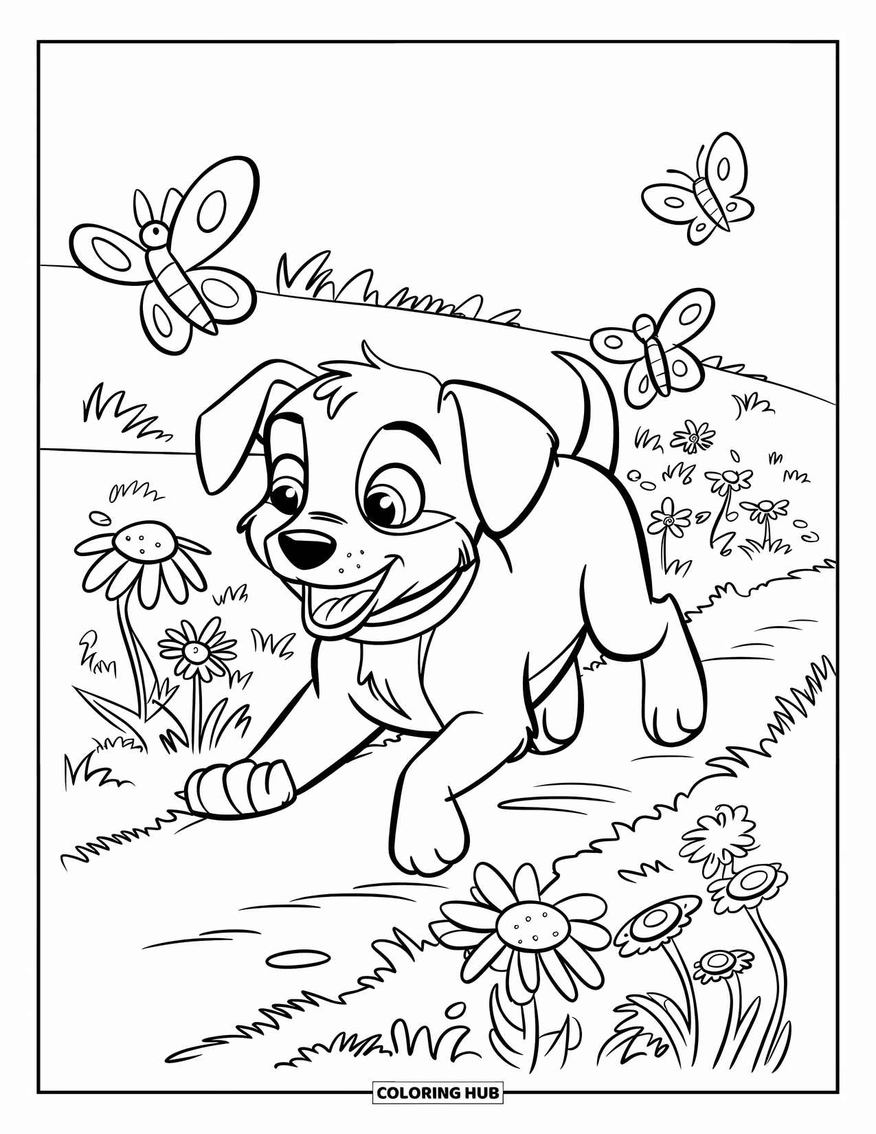 Desenho de primavera para colorir para crianças: Um cachorrinho feliz corre por um campo, tentando pegar borboletas esvoaçantes