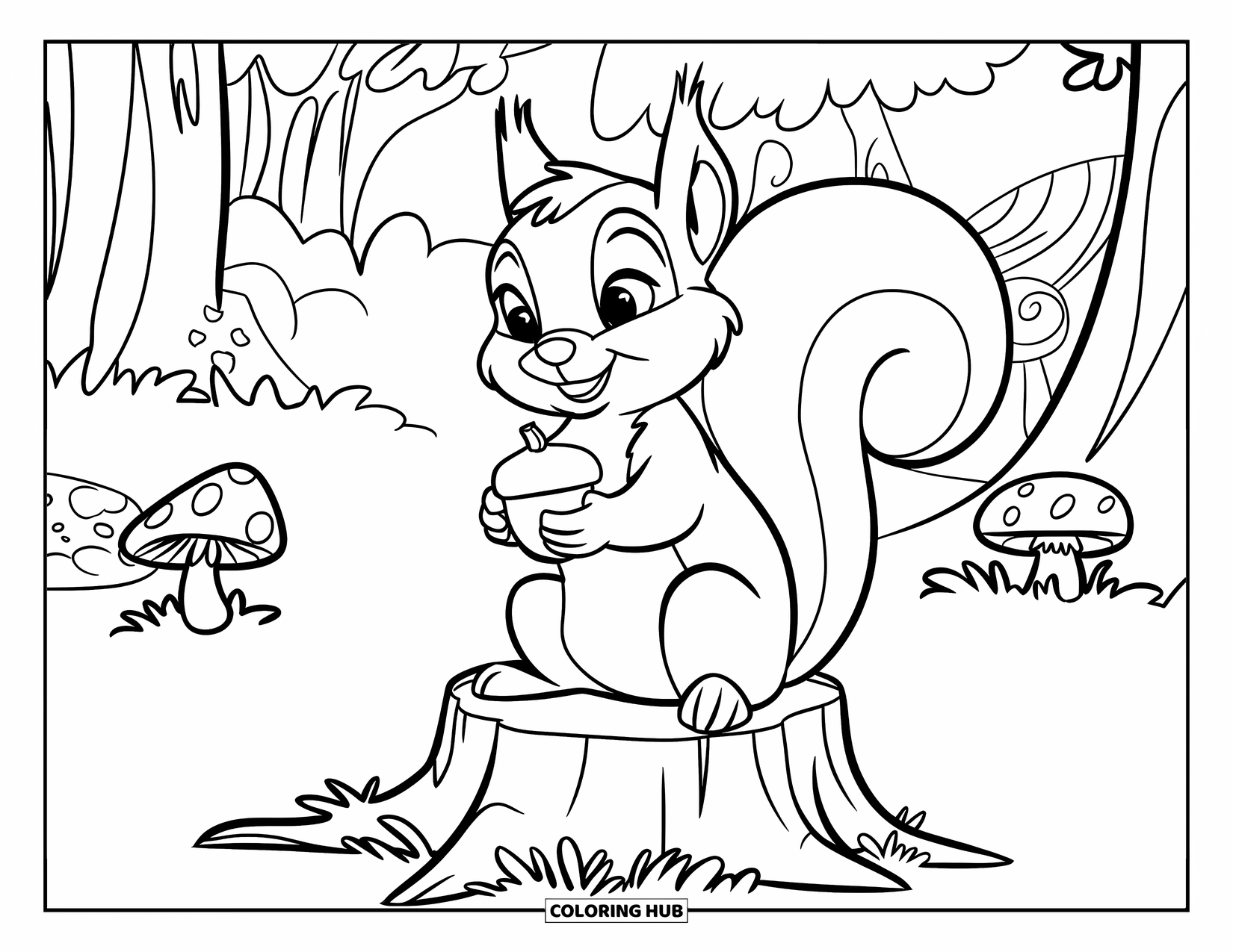 Desenho de primavera para colorir para crianças: Um esquilo feliz senta-se em um toco de árvore, segurando uma bolota e cercado por cogumelos