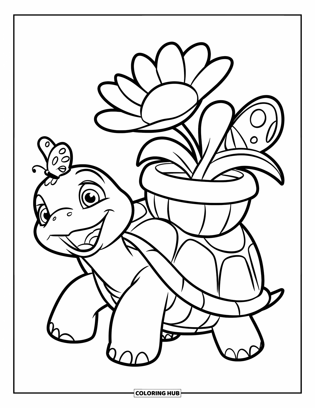 Desenho de primavera para colorir para crianças: Uma tartaruga feliz carrega um vaso de flores em sua concha enquanto uma borboleta descansa por perto