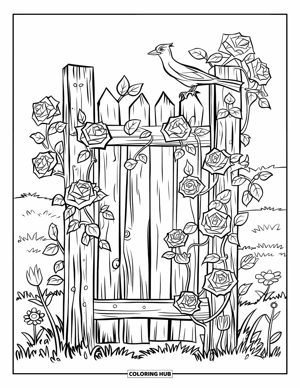Desenho de primavera para colorir para crianças: Uma cerca de madeira em forma de coração com rosas trepadeiras e um pequeno pássaro descansando tranquilamente