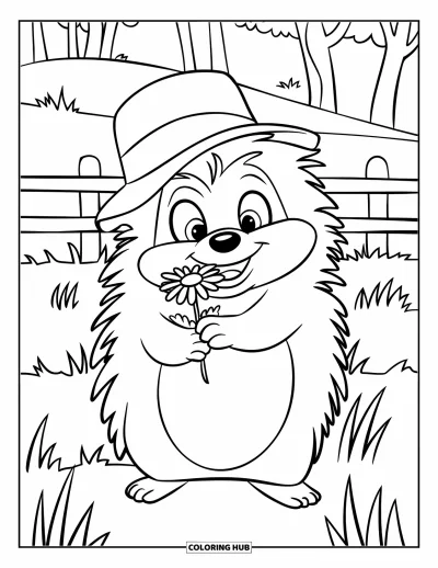Spring Coloring Page for Kids: A hedgehog holds a tiny daisy while standing in a grassy field