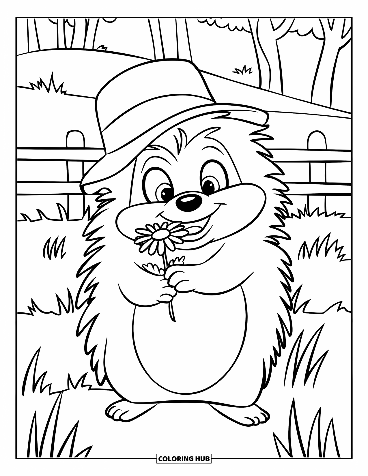 Desenho de primavera para colorir para crianças: Um ouriço segura uma pequena margarida enquanto está em um campo gramado
