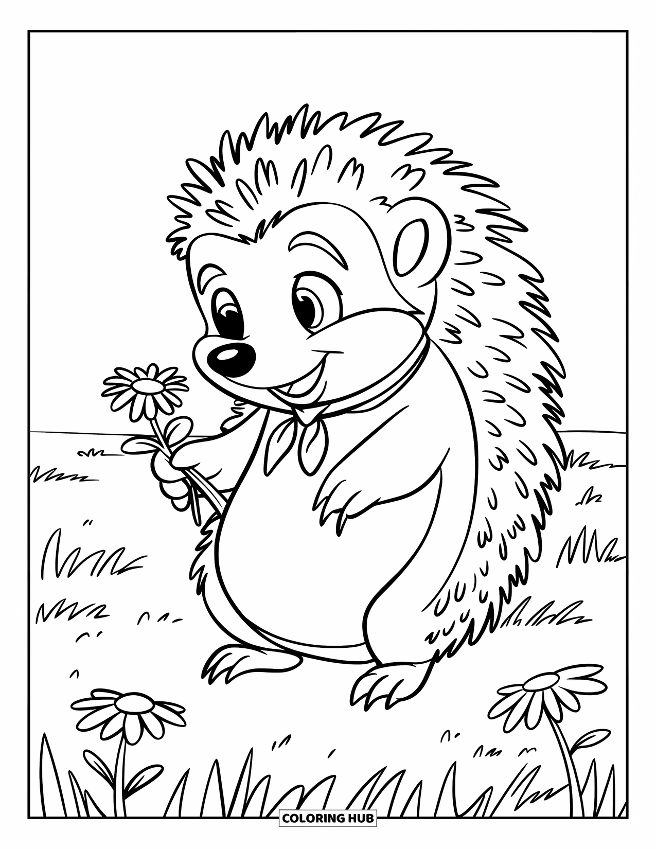 Desenho de primavera para colorir para crianças: Um ouriço com um cachecol segura uma pequena margarida enquanto está em um campo gramado