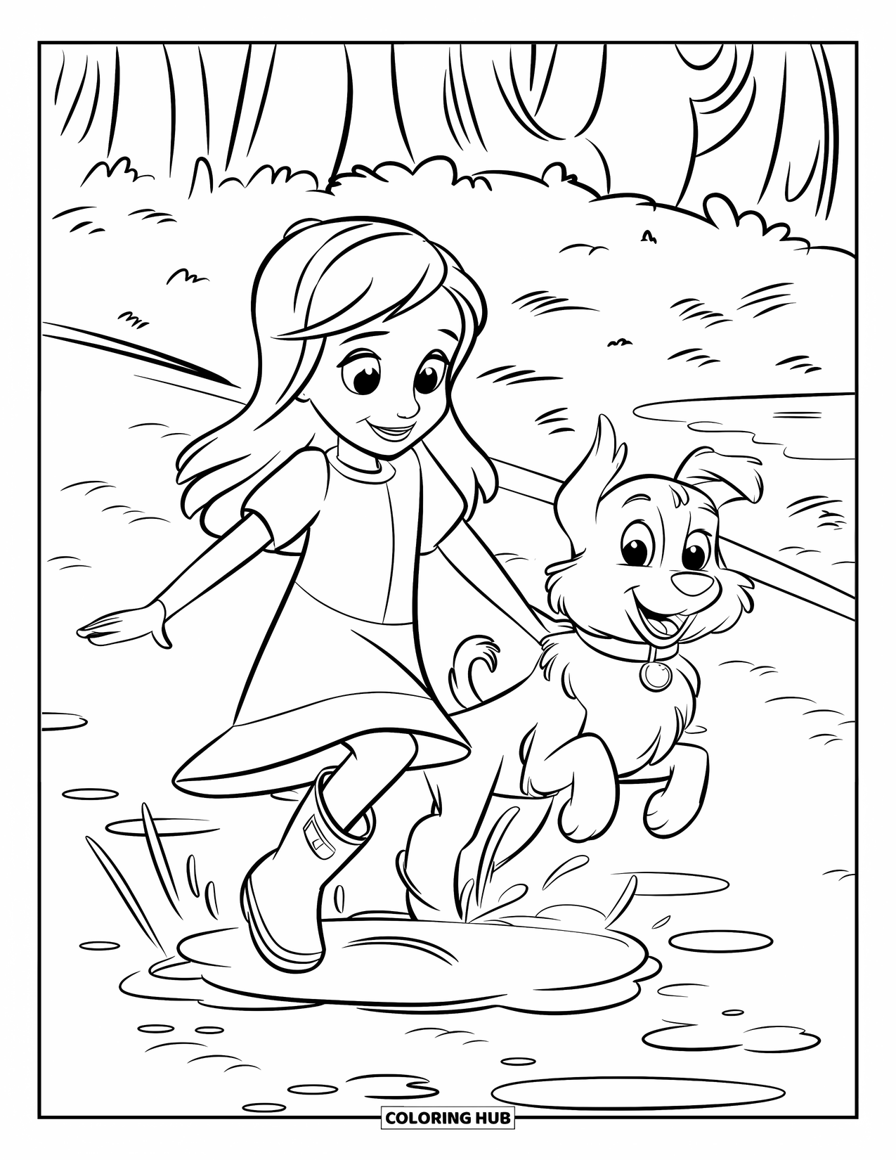 Desenho de primavera para colorir para crianças: Uma menina alegre e seu cachorro espirram em poças em um dia chuvoso