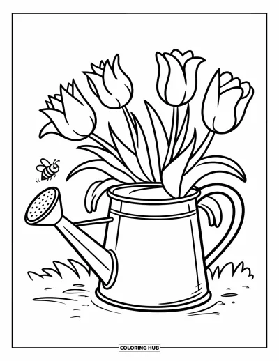 Spring Coloring Page for Kids: A large watering can with fresh tulips growing beside it and a buzzing bee