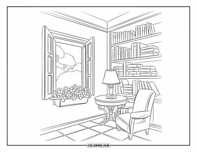 Spring Coloring Page for Kids: A library corner with an open window, a bookshelf, and a cozy reading nook