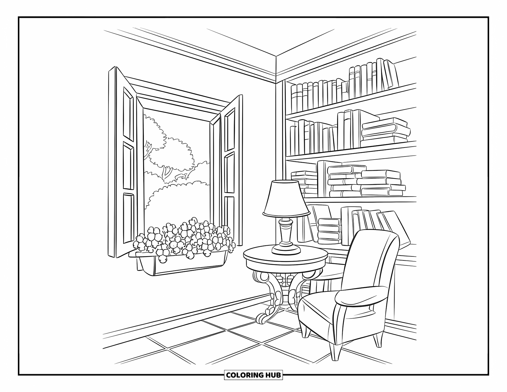 Desenho de primavera para colorir para crianças: Um canto de biblioteca com uma janela aberta, uma estante de livros e um recanto de leitura aconchegante