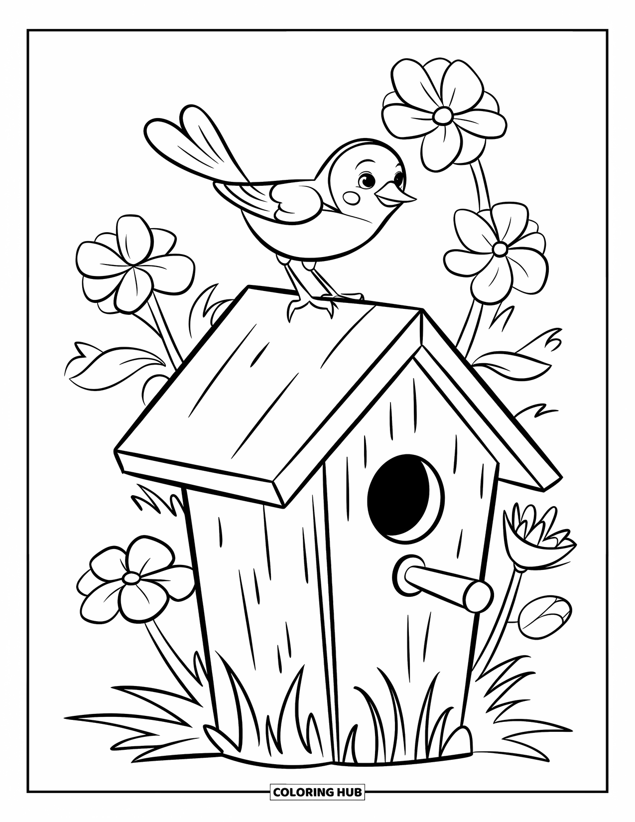 Desenho de primavera para colorir para crianças: Um passarinho empoleira-se em uma casinha de madeira, cercado por flores da primavera