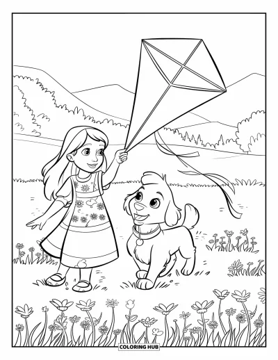 Spring Coloring Page for Kids: A little girl and her dog fly a kite in a field filled with wildflowers