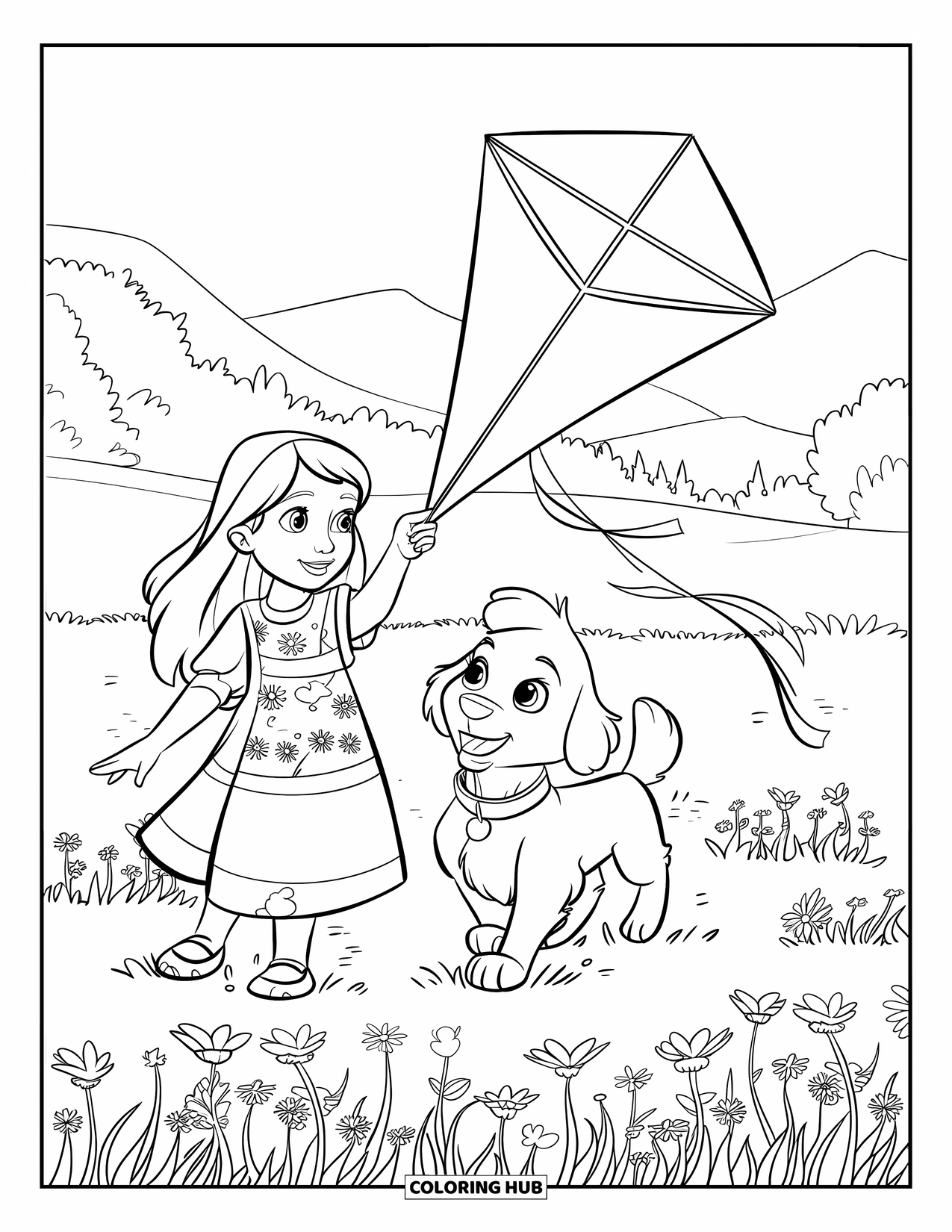 Desenho de primavera para colorir para crianças: Uma menina e seu cachorro empinam uma pipa em um campo cheio de flores silvestres