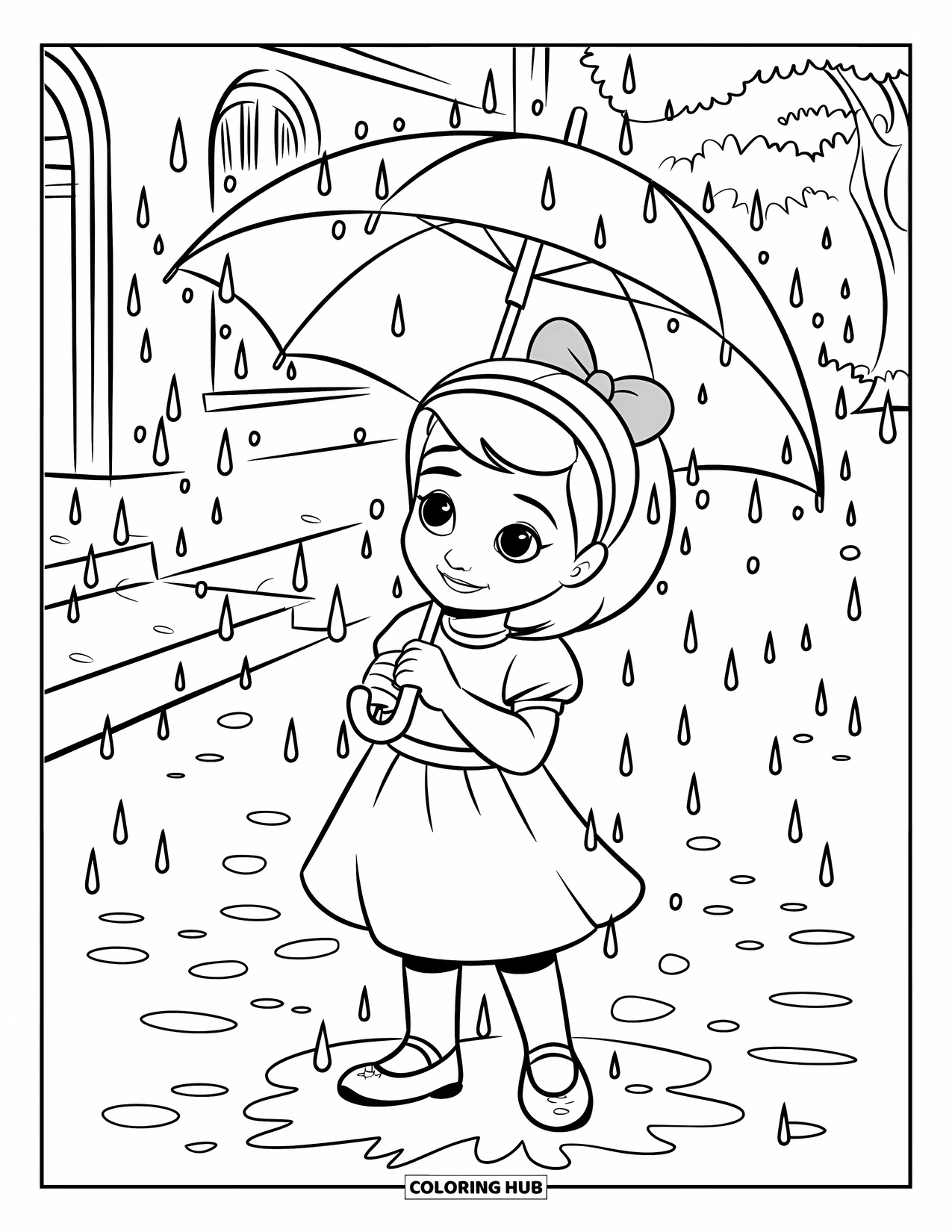 Desenho de primavera para colorir para crianças: Uma menina com um guarda-chuva observa gotas de chuva espirrando no caminho de paralelepípedos