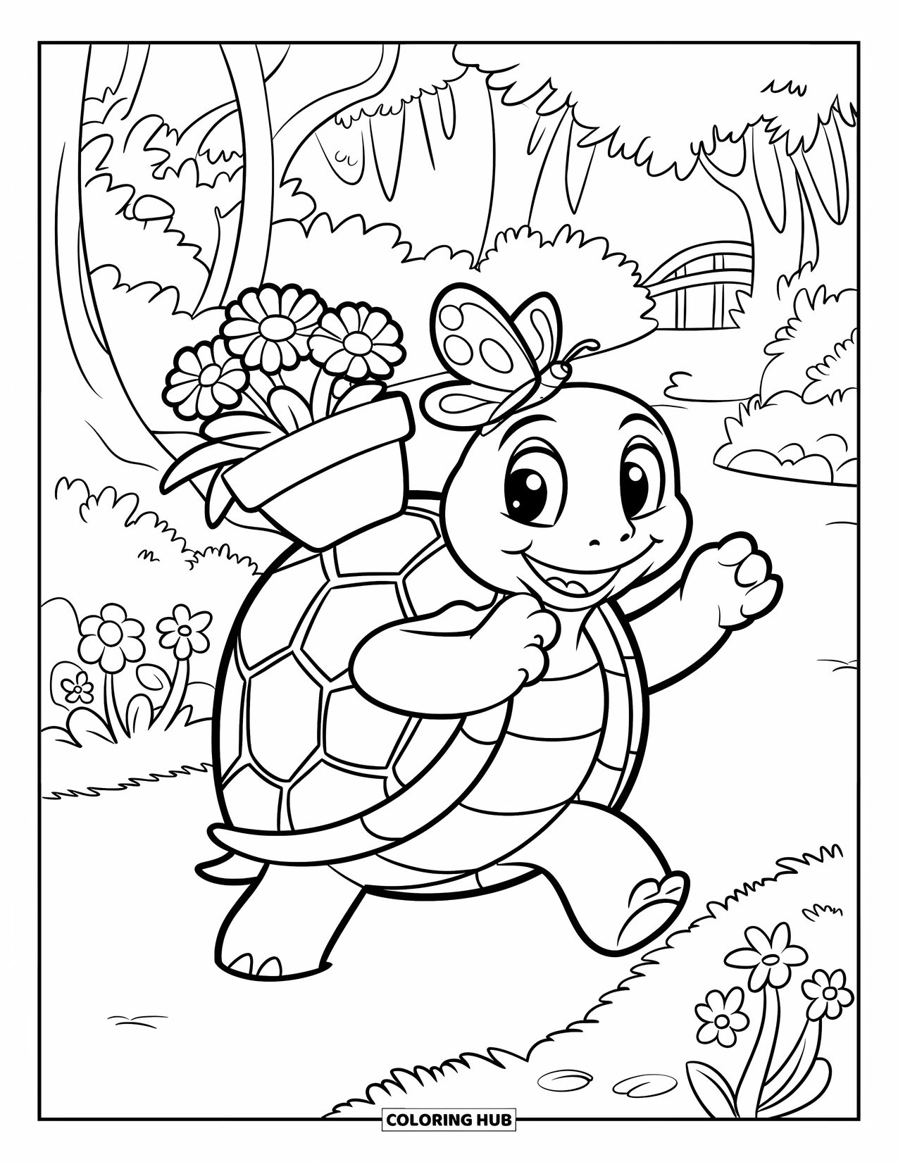 Desenho de primavera para colorir para crianças: Uma pequena tartaruga passeia com um vaso de flores em sua concha e uma borboleta por perto