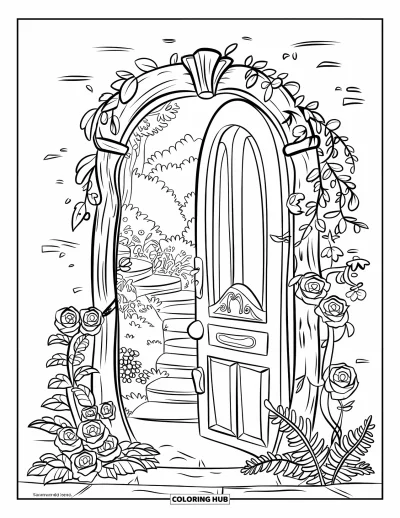 Spring Coloring Page for Kids: A magical secret garden door, slightly open, with vines and flowers surrounding it