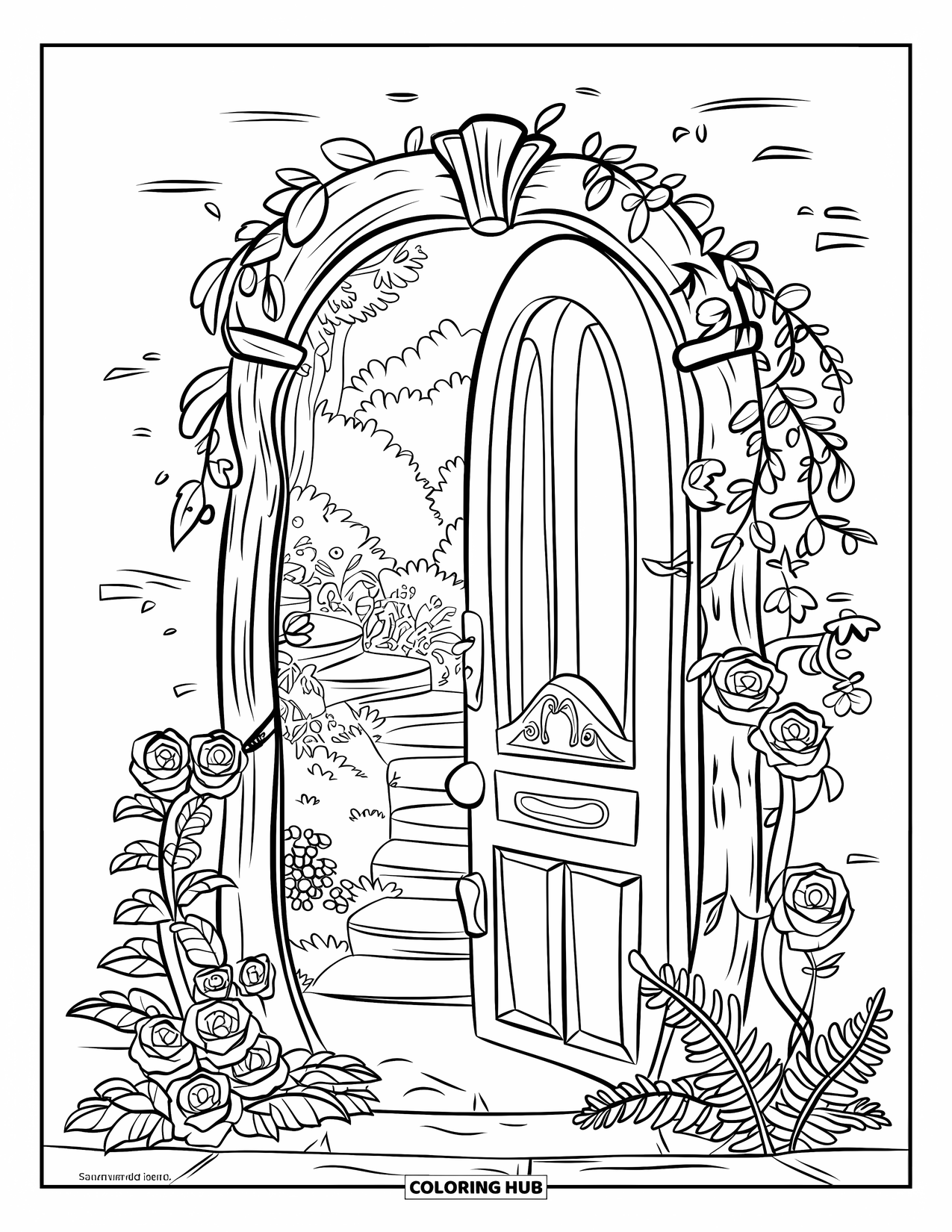 Desenho de primavera para colorir para crianças: Uma porta mágica secreta do jardim, ligeiramente aberta, com videiras e flores ao redor
